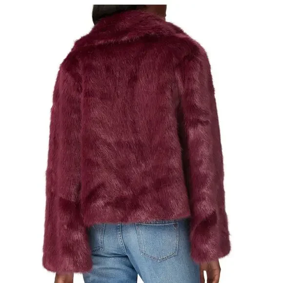 Unreal Fur Burgundy Faux Fur Jacket LARGE Formal Glam Teddy Coat Designer $339